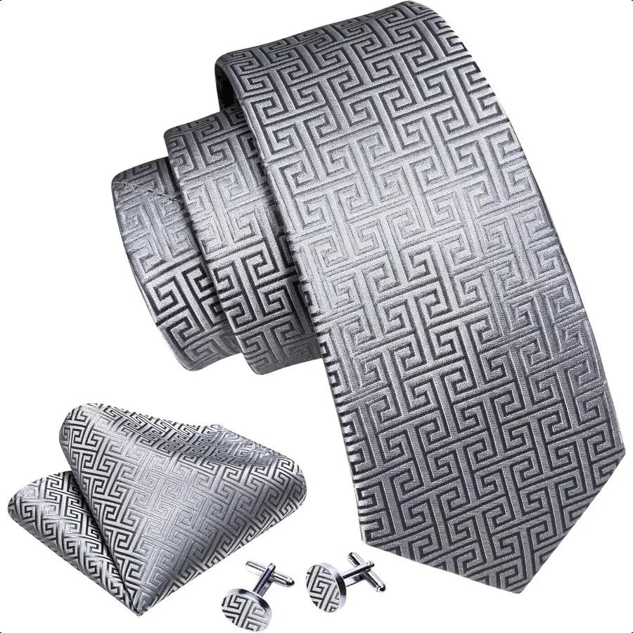 Barry.Wang Classic Mens Ties Silk Necktie Pocket Square Cufflinks Set Woven Designer Wedding Business