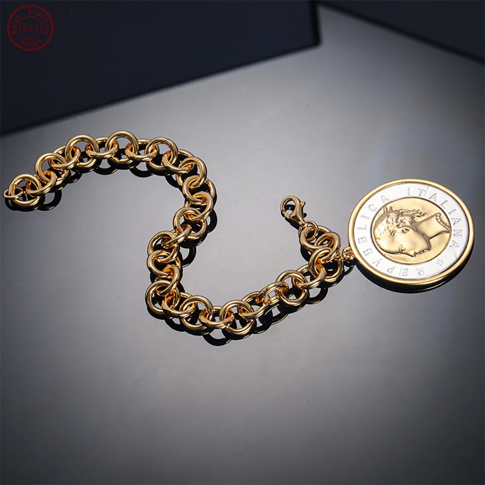18K Gold Plated Bronze Italian Genuine 500-Lira Coin Charm Rolo Link Chain Bracelet for Women Vintage Fine Jewelry Gift US Stock