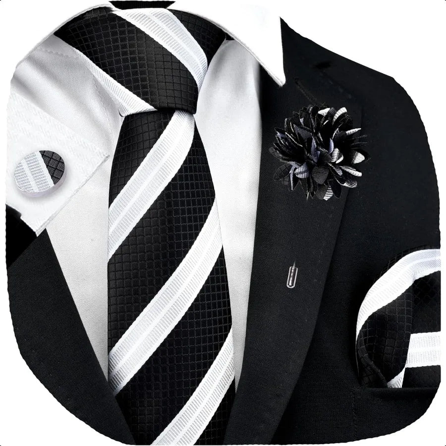 GUSLESON 3.15" 8cm Mens Stripe Tie and Lapel Pin Necktie Hankerchief Cufflinks Set for Men