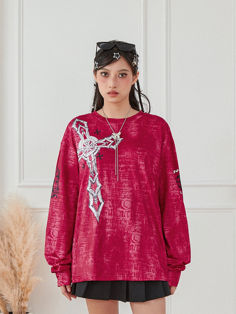 Women s Vintage Graphic Tops Gothic Long Sleeve Round Neck Loose T-Shirts Streetwear Grunge Tops