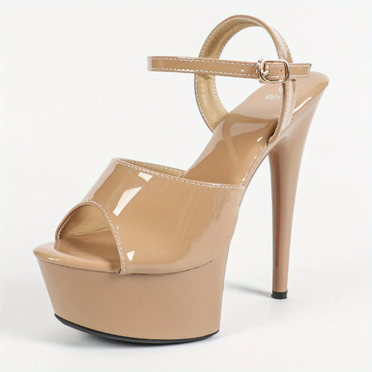 【Send from US Inc Taxs】Lacquer Leather High Heels, Slim Heels, Sexy, High-heeled Sandals, Women's Summer 5.9inch Khaki Color