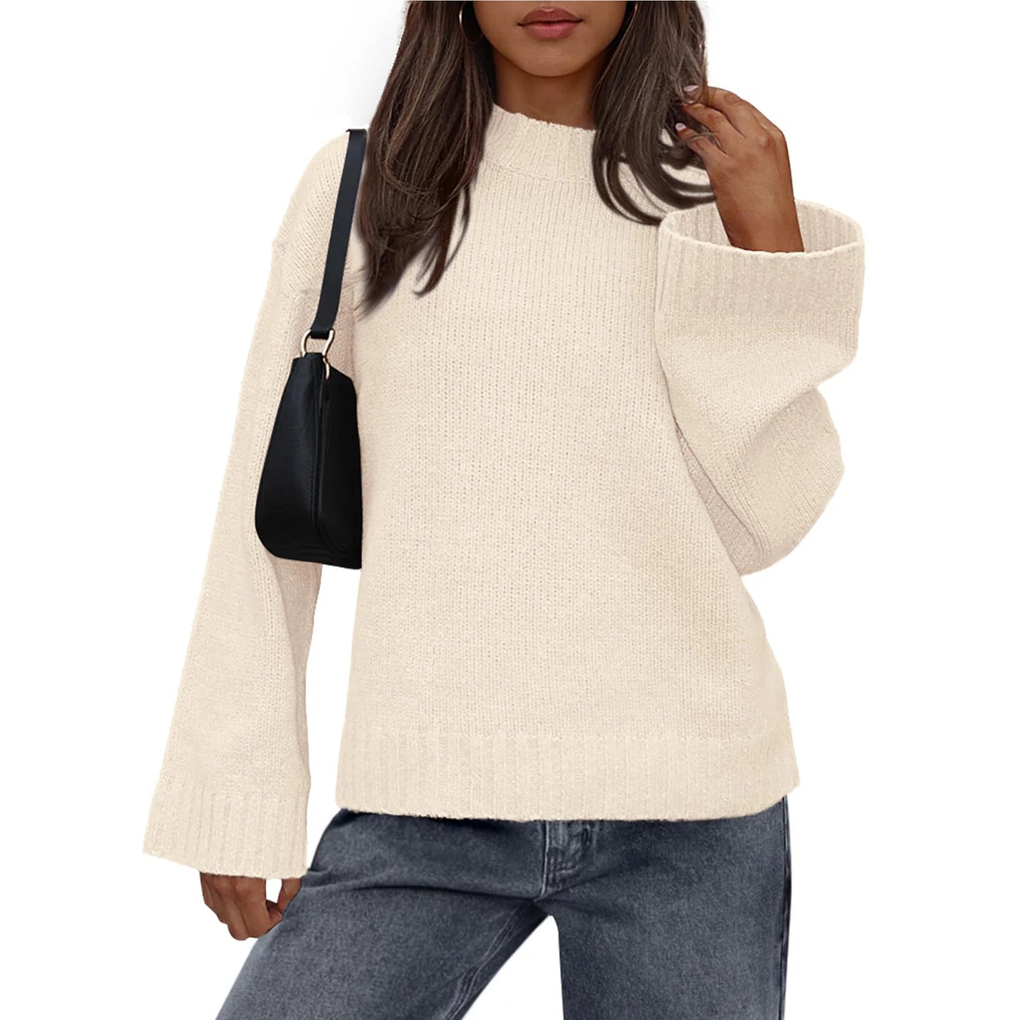 Womens Loose Round Neck Solid Color Bell Sleeve Long Sleeve Knitted Sweater Top Ropa De Mujer Sweater De Mujer Pull Femme