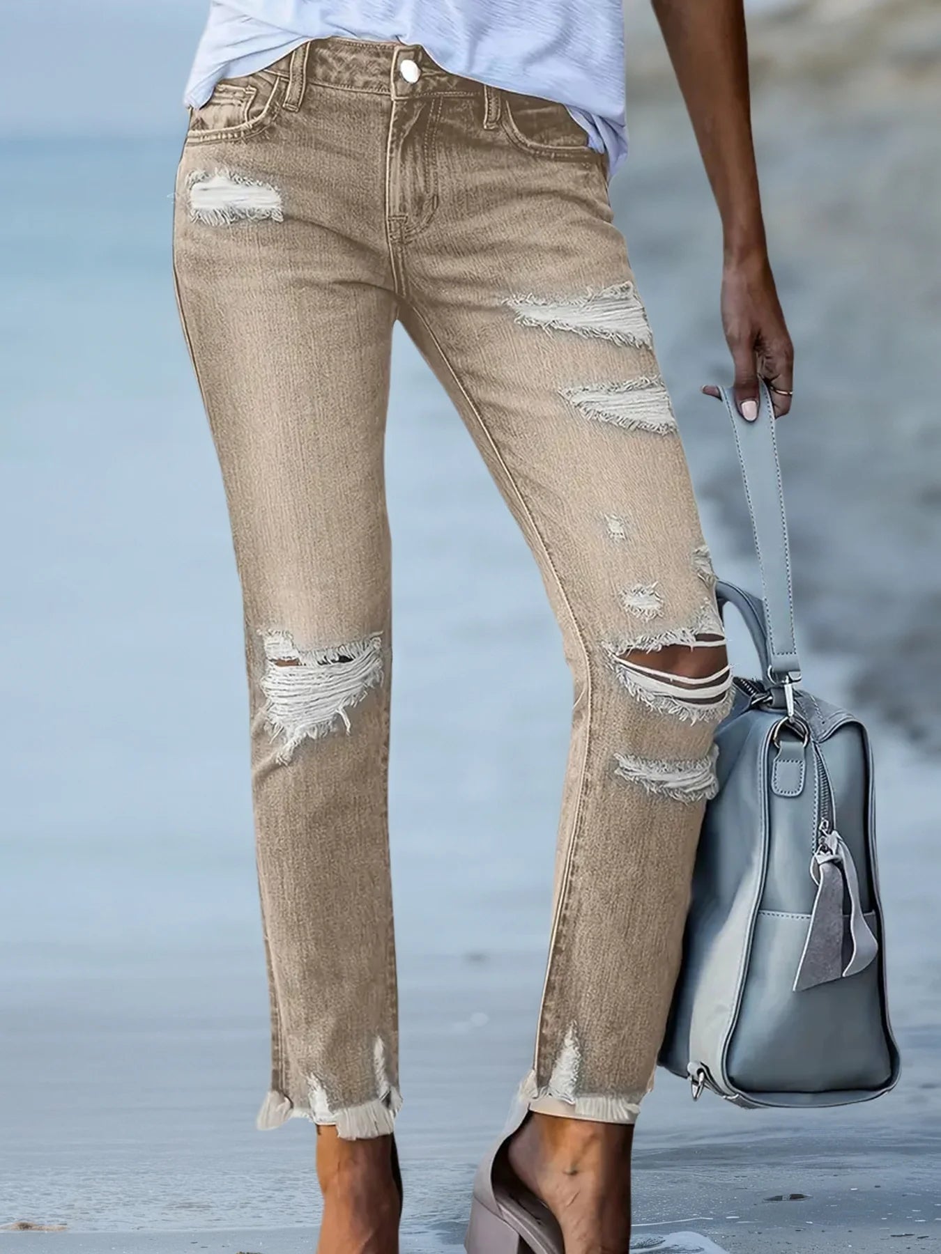 Women's Retro Elastic Distressed Distressed Washed Slim Fit Denim Cropped Pants, Street Style, Suitable for Daily Wear