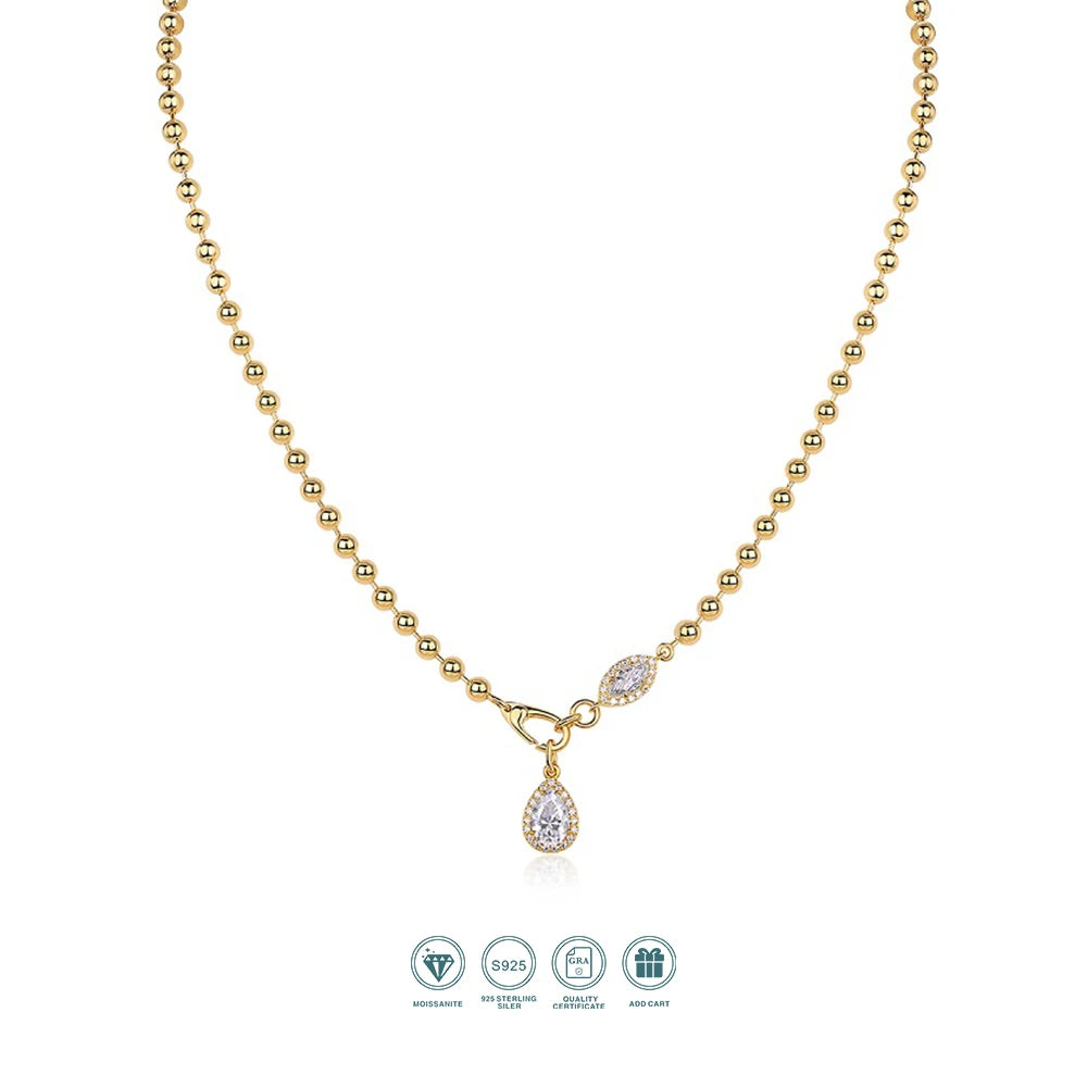 JIUZUAN Moissanite Pendant Necklace Beaded Chain 925 Sterling Silver 18K Gold Plated Elegant Gift Comes with GRA Certificate