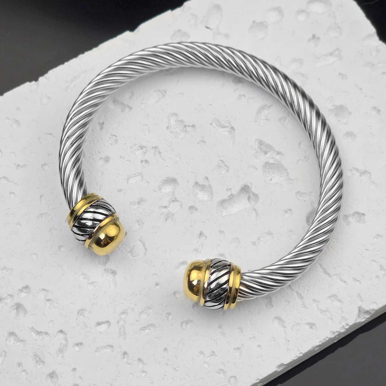 7mm Stainless Steel Cable Bracelet Designed for Women Two-Tone Open Twisted Rope Bracelet with Jewelry Pouch Gift for Women