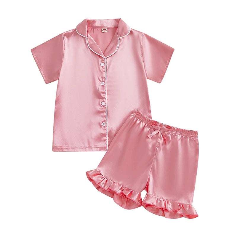 Infant Girl s Cute Summer Pajama Set with Button Down Lapel V Neck Top and Ruffled Shorts for Comfortable Lounge Wear - 2 Piece
