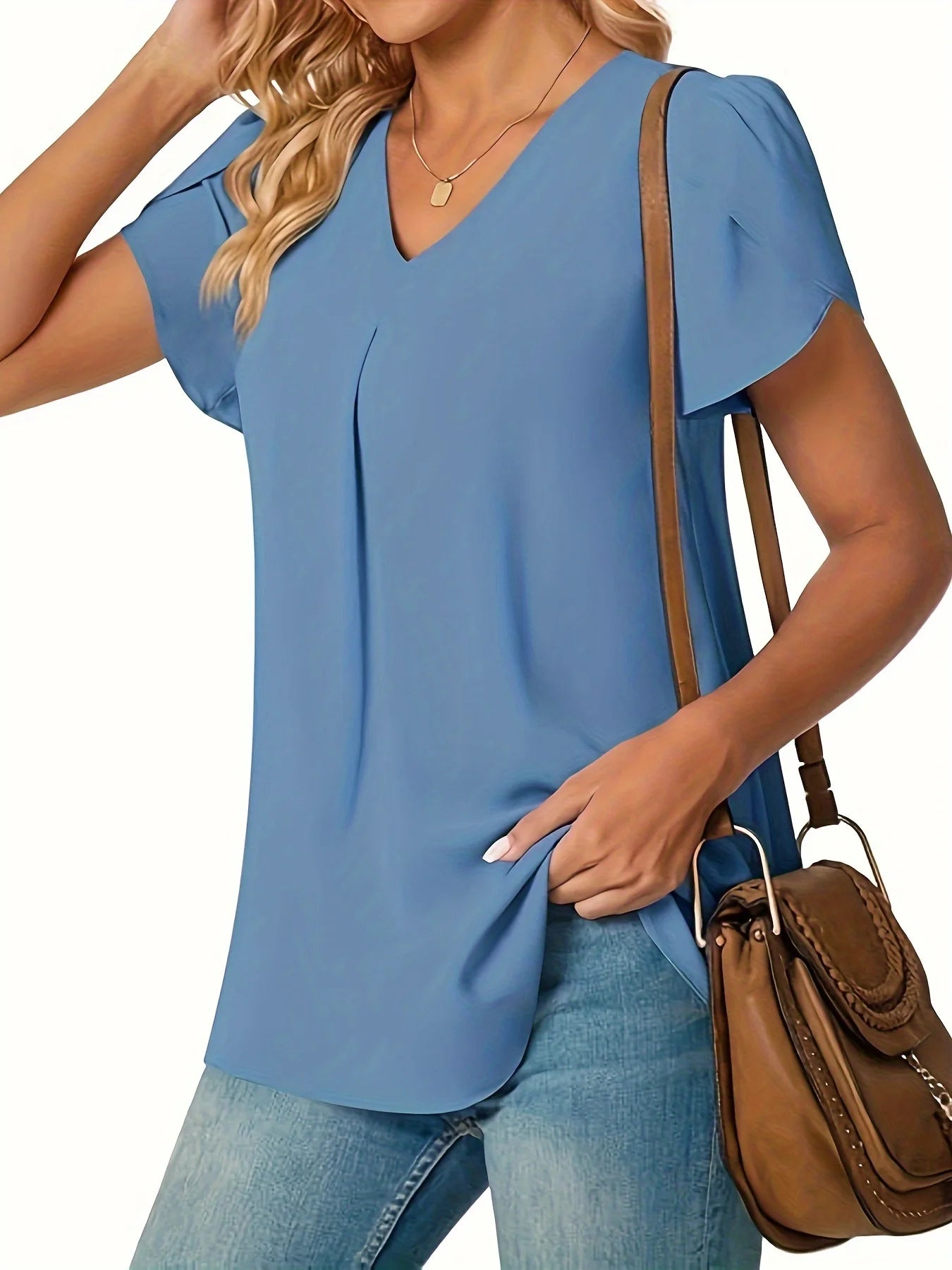 Elegant Women's Top Blouse Flower 2024 Summer Fashion Simplicity Short Sleeve Solid V-Neck Commuter Office Female Shirt S-XXL