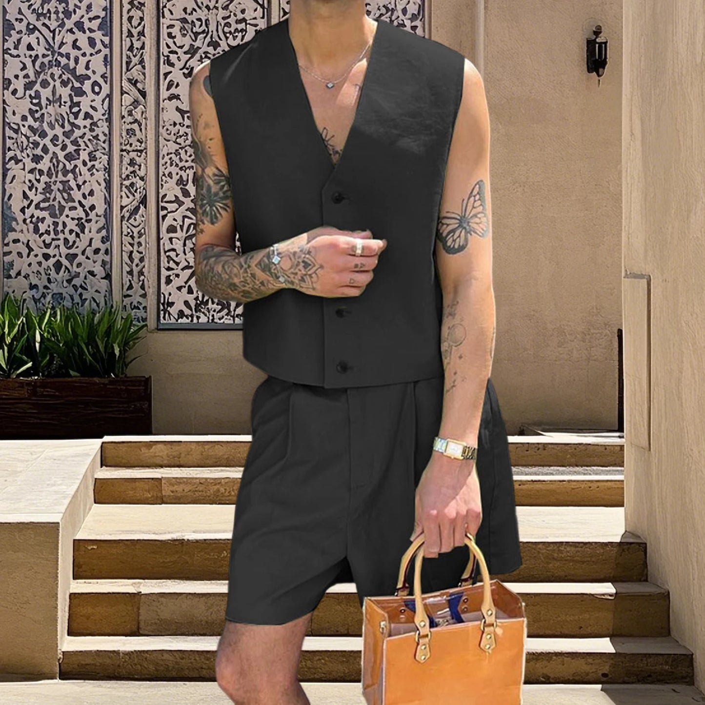 Stylish Men s Summer Ensemble Solid Color V Neck Button Up Vest Top and Wide Leg Shorts 2-Piece Outfit for a Fashionable Look