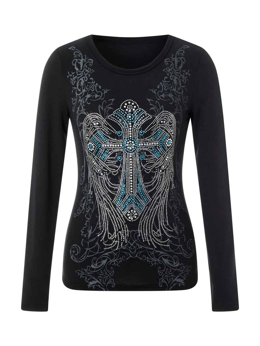 Women’s Blouse Round Neck Long Sleeve Cross Rhinestone Pattern Tops Clubwear for Spring Summer