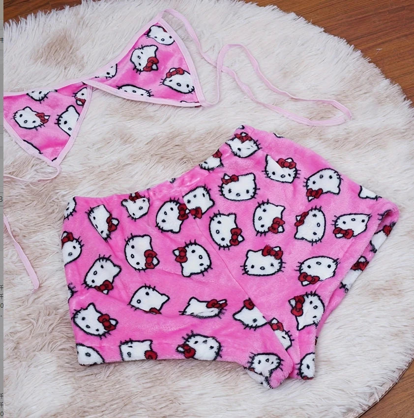 Sanrio Cartoon Hello Kitty Loose Ladies Pajama Suits Womens Sleep Bottoms Lounge Summer Beachwear Home Wear for Women Two-Piece