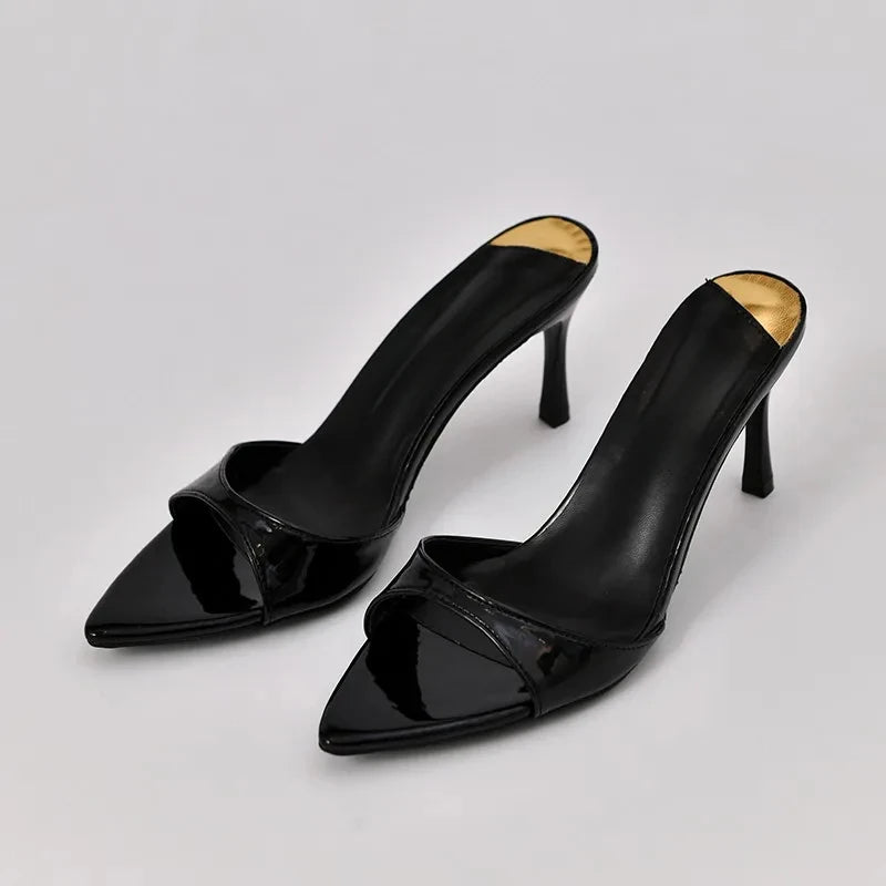 Pointed Stiletto Heels Women Pumps Patent Leather 2025 Summer Designer Mule Sandals Elegant Sexy Office High Heels Women Shoes