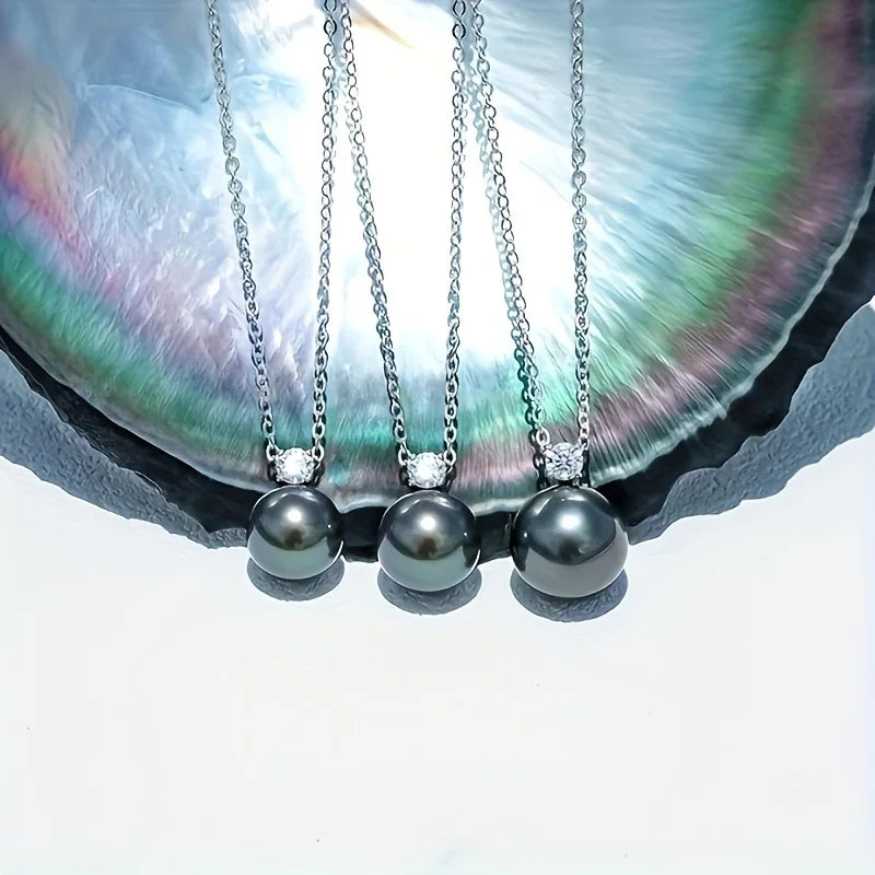 1pc S925 Silver 10mm Tahitian Black Pearl Inlaid With Moissanite Women's Necklace, AAAA Grade Handmade Selected Natural Black Pe
