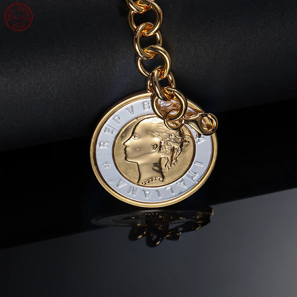 18K Gold Plated Bronze Italian Genuine 500-Lira Coin Charm Rolo Link Chain Bracelet for Women Vintage Fine Jewelry Gift US Stock