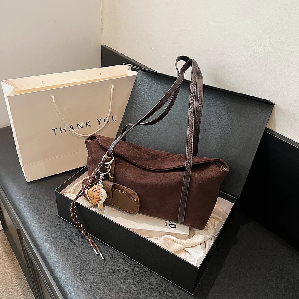 Women Suede Shoulder Bag Large Capacity Flap Underarm Bag Solid Retro Handbag Clutch Purse for Work Travel