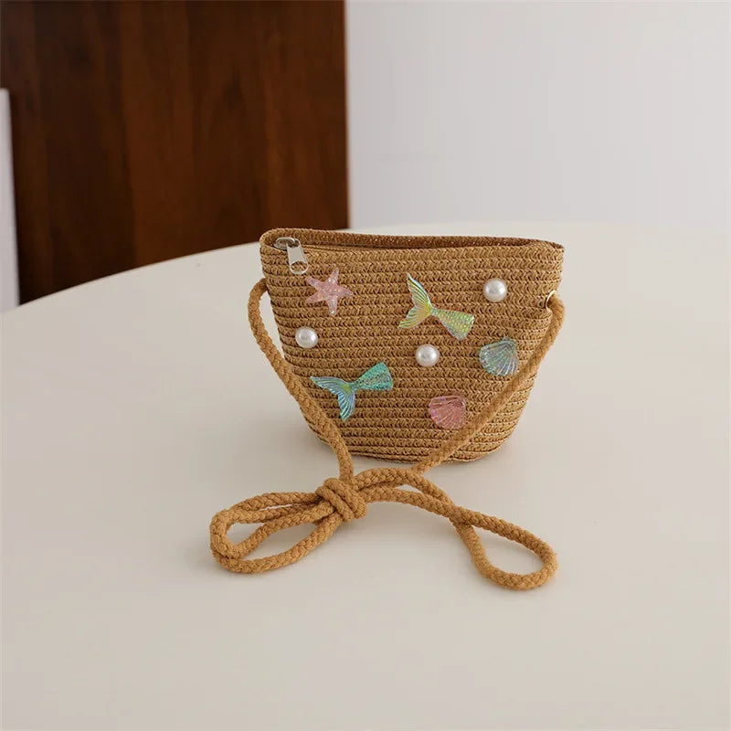 Children's Straw Woven Summer Crossbody Bag Cute Girl Coin Wallet Shoulder Bag Colorful Shells Fish Tail Zero Wallet Kids Gifts