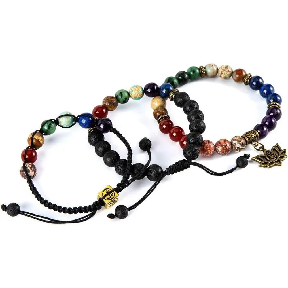 Chakra Bead Bracelets for Women - 8mm 7 Chakra Bracelet With Real Stones Yoga Gemstone Jewelry 3 Pack