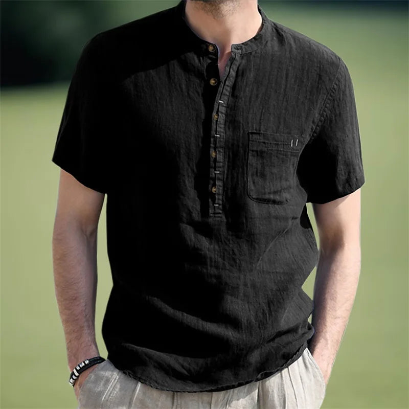 Men s Casual Fit Short Sleeve Linen Henley Shirt Lightweight Breathable Solid Color Summer Tee Top with Round Neck