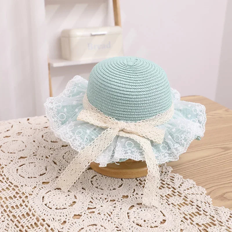 Summer Baby Girl Straw Hat Solid Color Lace Ruffle Kids Fisherman Cap Outdoor Beach Caps Sunshade Wide-brim Bucket Hats