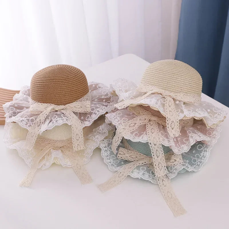 Summer Baby Girl Straw Hat Solid Color Lace Ruffle Kids Fisherman Cap Outdoor Beach Caps Sunshade Wide-brim Bucket Hats
