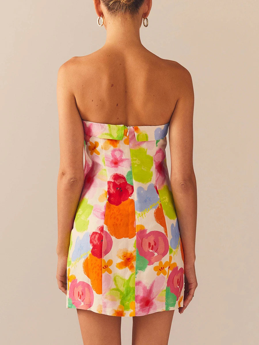 Women Bodycon Dress Sleeveless Backless Flower Car Print Fit Summer Mini Dress Clubwear