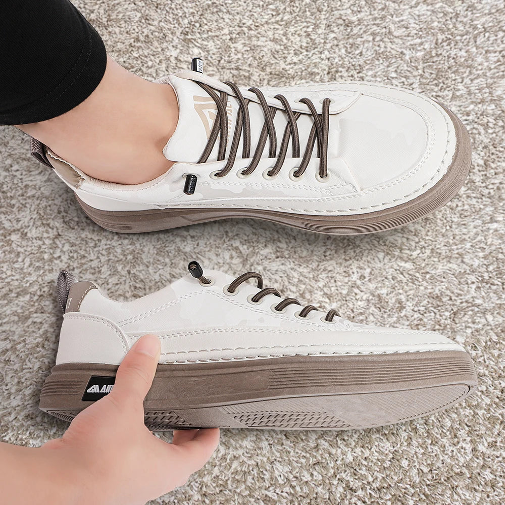 Beige Men's Punk Skate Shoes w/Leather & Canvas, Breathable Elevated Platform Sneakers for Street Fashion & Casual Wear