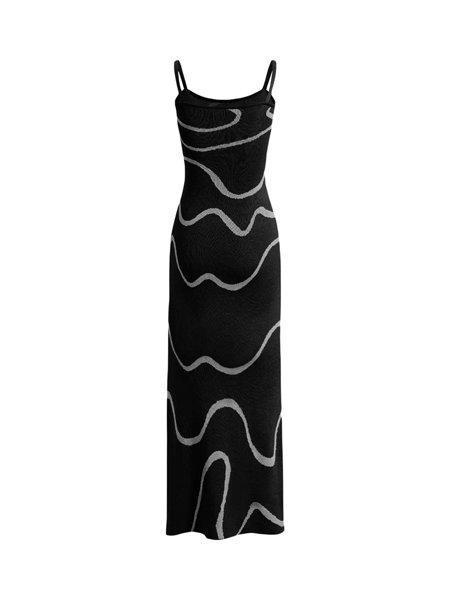 Women s Summer Cami Knit Dress Wavy Print Spaghetti Strap Open Back Party Midi Dress