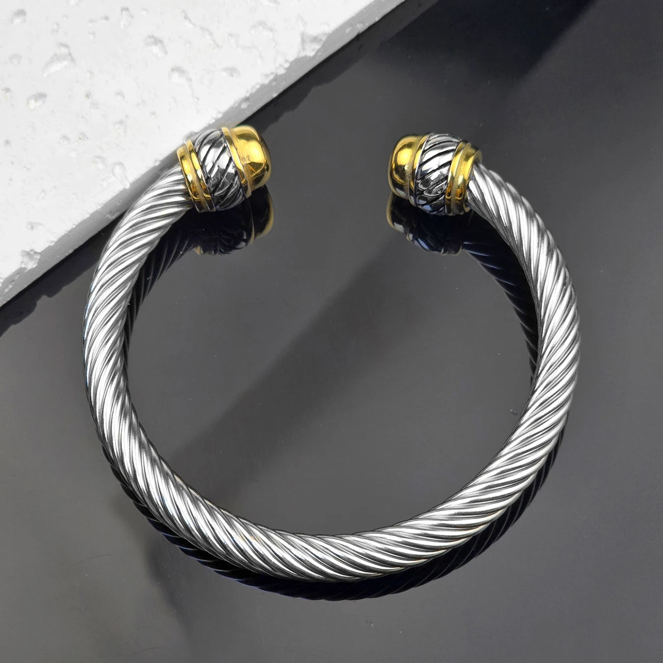 7mm Stainless Steel Cable Bracelet Designed for Women Two-Tone Open Twisted Rope Bracelet with Jewelry Pouch Gift for Women