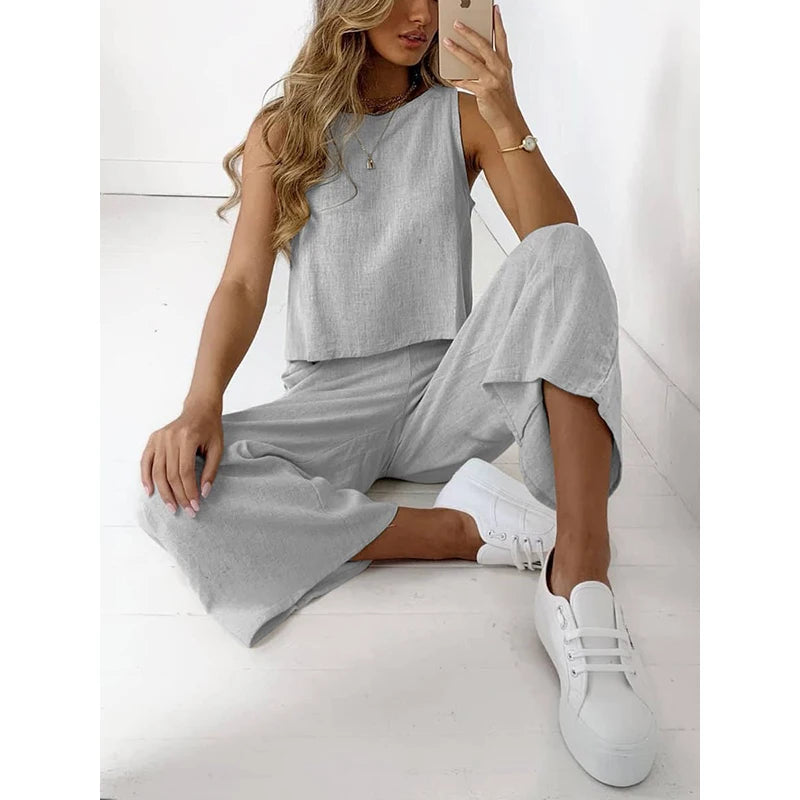 Casual Women's Clothing Suit O Neck Two Pieces Set Loose Sleeveless Solid Color Wide Leg Simple Comfortable for Famale Outdoor