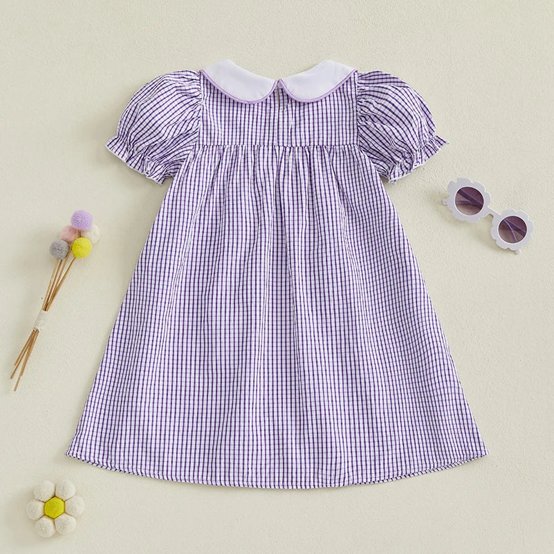 Adorable Toddler Girl Dress with Cute Short Sleeves and Doll Collar Featuring Lobster Embroidery on Plaid Pattern - Perfect