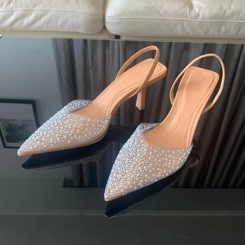 2025 Fashion Summer Women High Heels Pearl Decoration Slingback Woman Pumps Pointed Toe High Heels Sandals Elegant Woman Shoes
