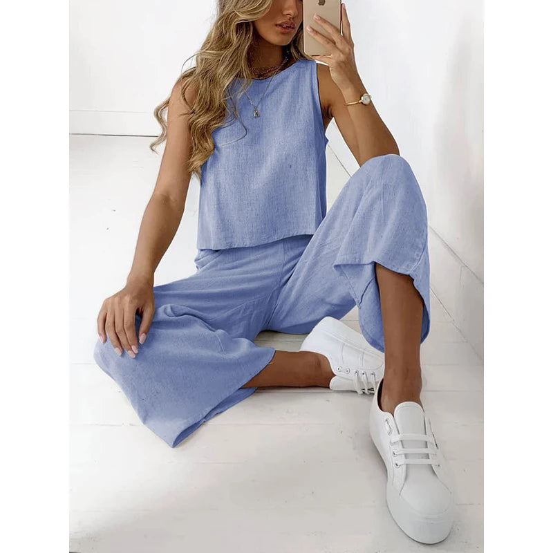 Casual Women's Clothing Suit O Neck Two Pieces Set Loose Sleeveless Solid Color Wide Leg Simple Comfortable for Famale Outdoor