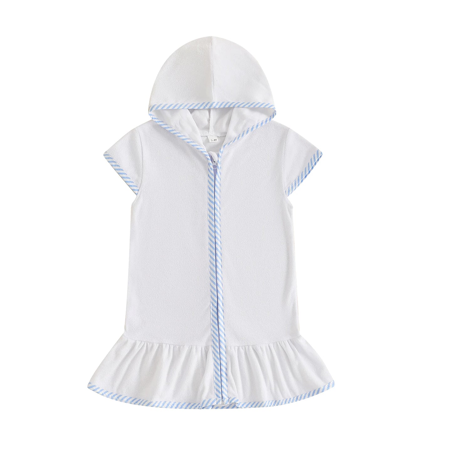 Kids Girl Hooded Beach Coverup Stripe Print Loose Fit Short Sleeve Zipper Bathrobe for Summer