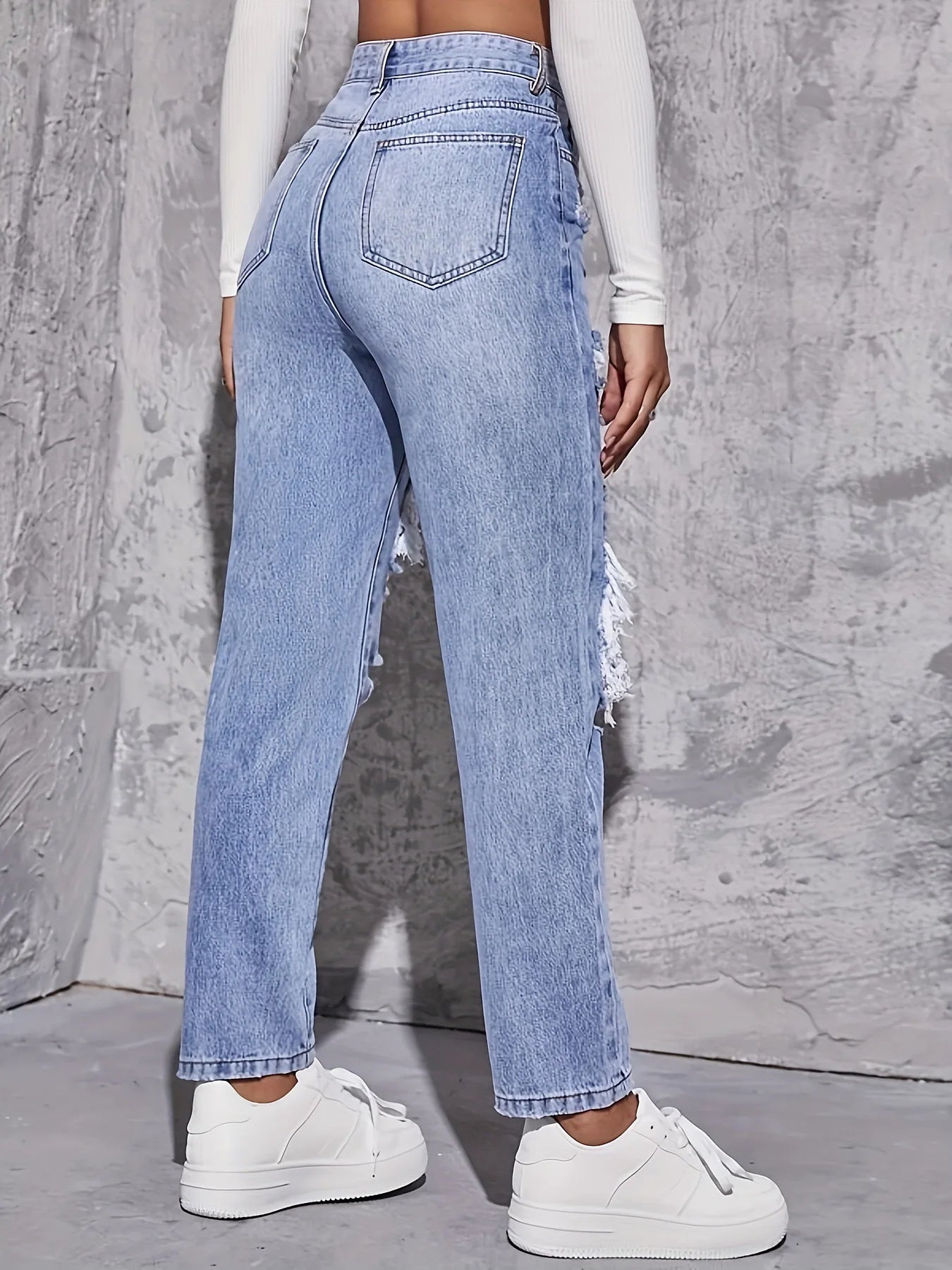 2025 Women's New Denim Pants, High Waisted Straight Leg, Perforated, Casual Style, Fashionable and Versatile