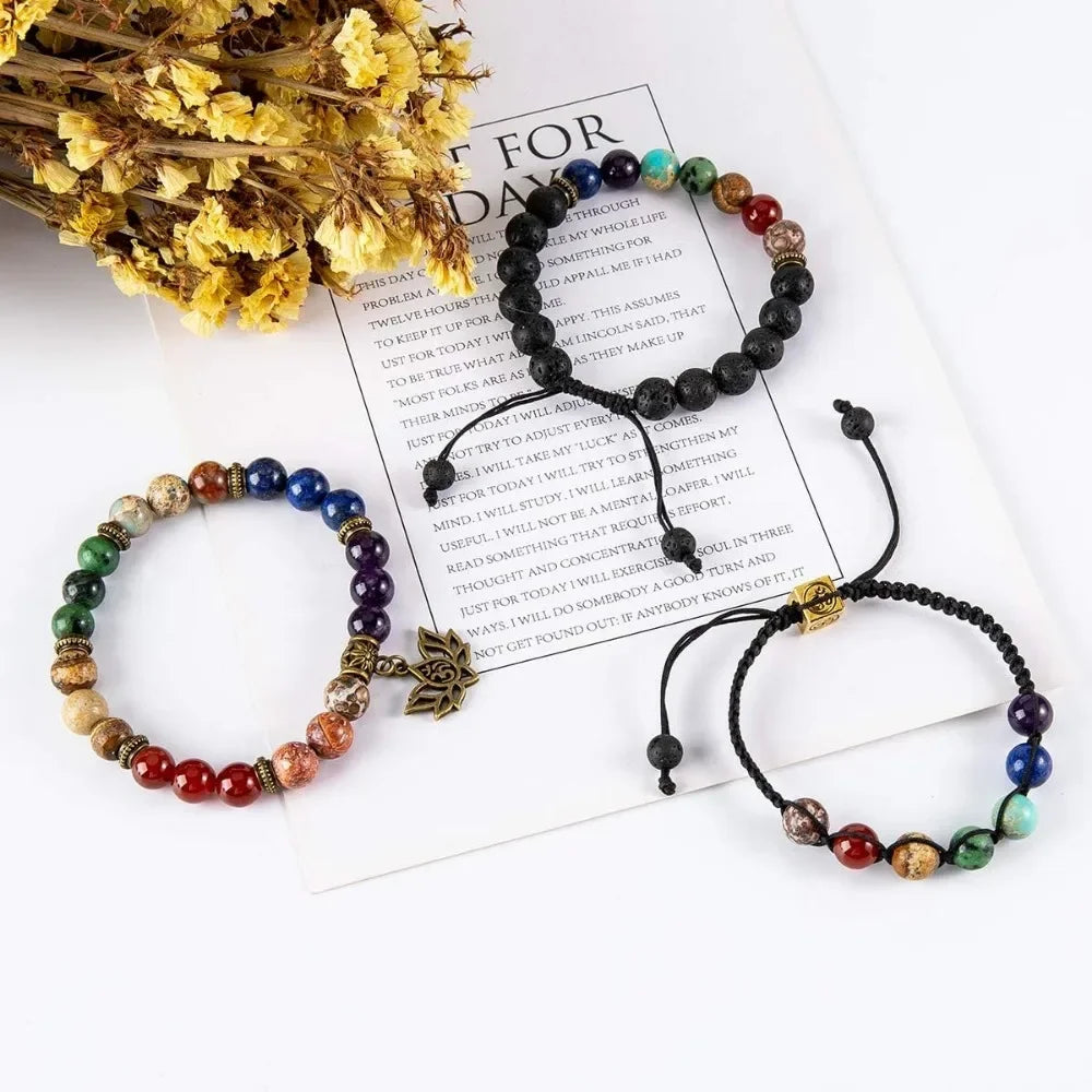Chakra Bead Bracelets for Women - 8mm 7 Chakra Bracelet With Real Stones Yoga Gemstone Jewelry 3 Pack