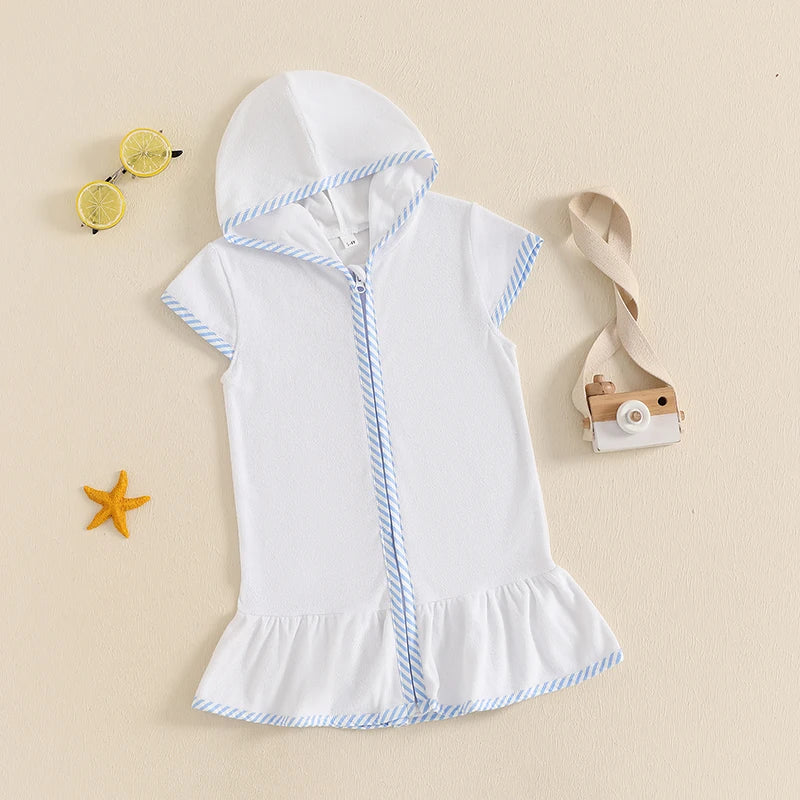 Kids Girl Hooded Beach Coverup Stripe Print Loose Fit Short Sleeve Zipper Bathrobe for Summer