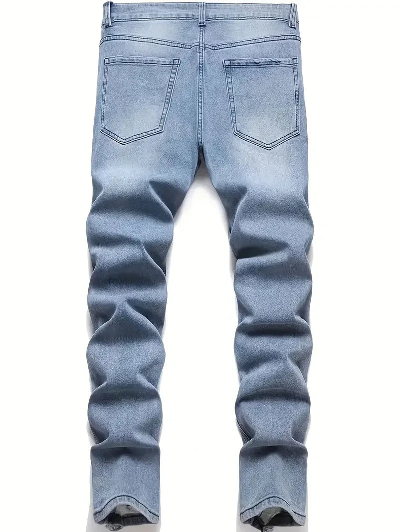 Men'S Fashionable Ripped Jeans, Cotton Blend, Streetwear Style, Stretch Fabric, Regular Length, Suitable For All Seasons, Fashio