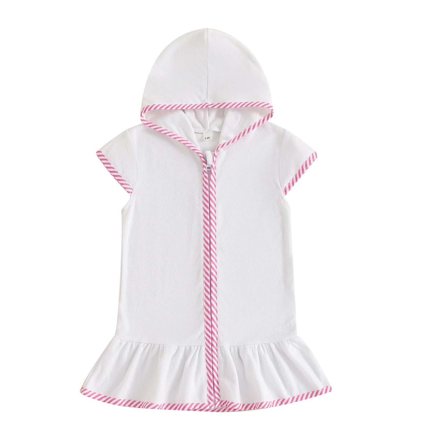 Kids Girl Hooded Beach Coverup Stripe Print Loose Fit Short Sleeve Zipper Bathrobe for Summer