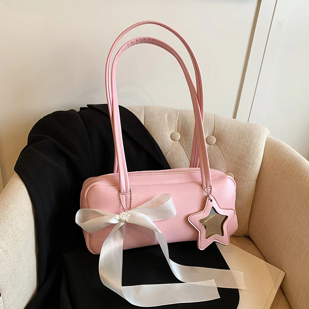 Women Bow Shoulder Bag with Star Pendant Fashion Shoulder Purse PU Leather Bow Underarm Handbag Girls Outdoor Daily Bag