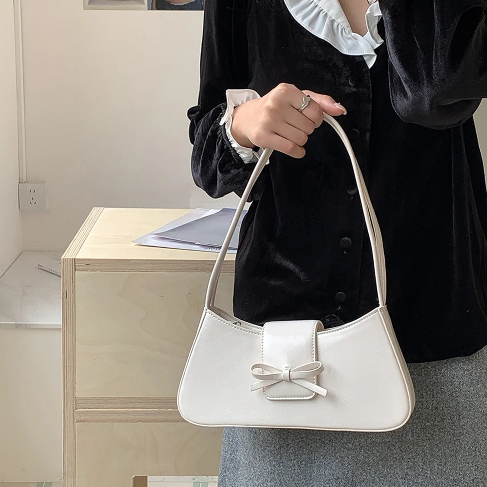 Sweet Bow Fashion Handbag PU Leather Everyday Purse with Zipper Closure Clutch Purse Trendy Underarm Bag for Women and Girls
