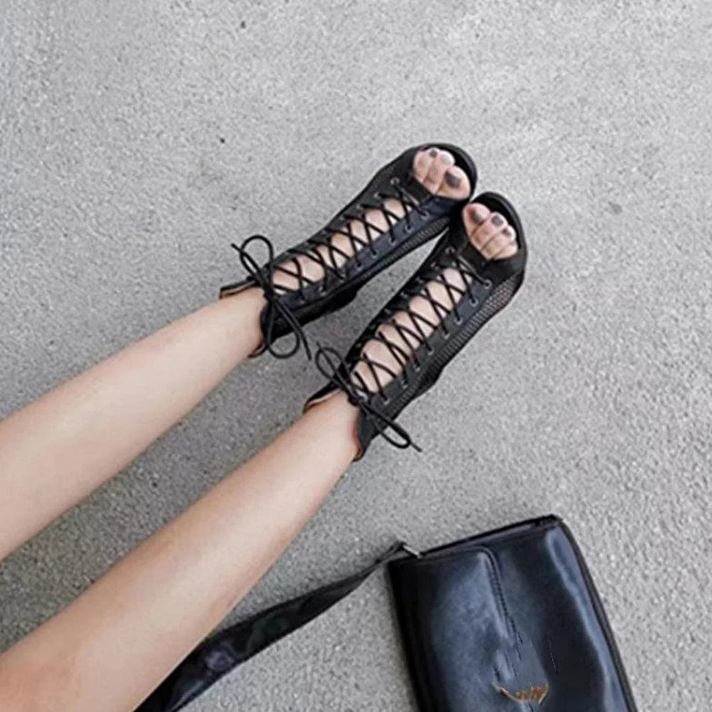 Women High Top Peep Toe Mesh Sandals with High Heel and Adjustable Laces for Summer Party and Dance