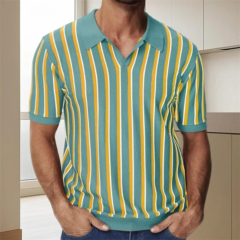 Men s Fit Striped Knit Shirt with Lapel V Neck and Short Sleeves - Stylish Summer Streetwear Top for a Trendy Look