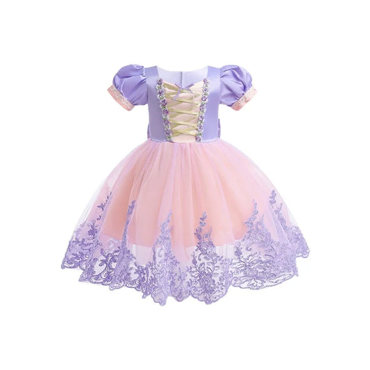 Girls Sparkly Sequin Princess Dress Ruffle Sleeve Tulle Ball Gown Patchwork Dress for Birthday Party Performance