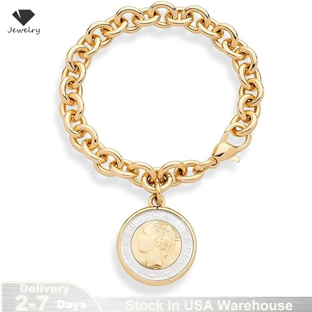 18K Gold Plated Bronze Italian Genuine 500-Lira Coin Charm Rolo Link Chain Bracelet for Women Vintage Fine Jewelry Gift US Stock