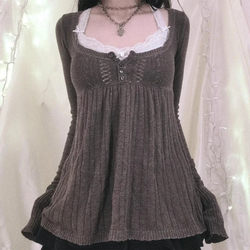 2000s Vintage Long Sleeve Babydoll Knitted Sweater Tops Cottage Milkmaid Pullovers Aesthetic Grunge Y2k Knitwear T-shirts Women