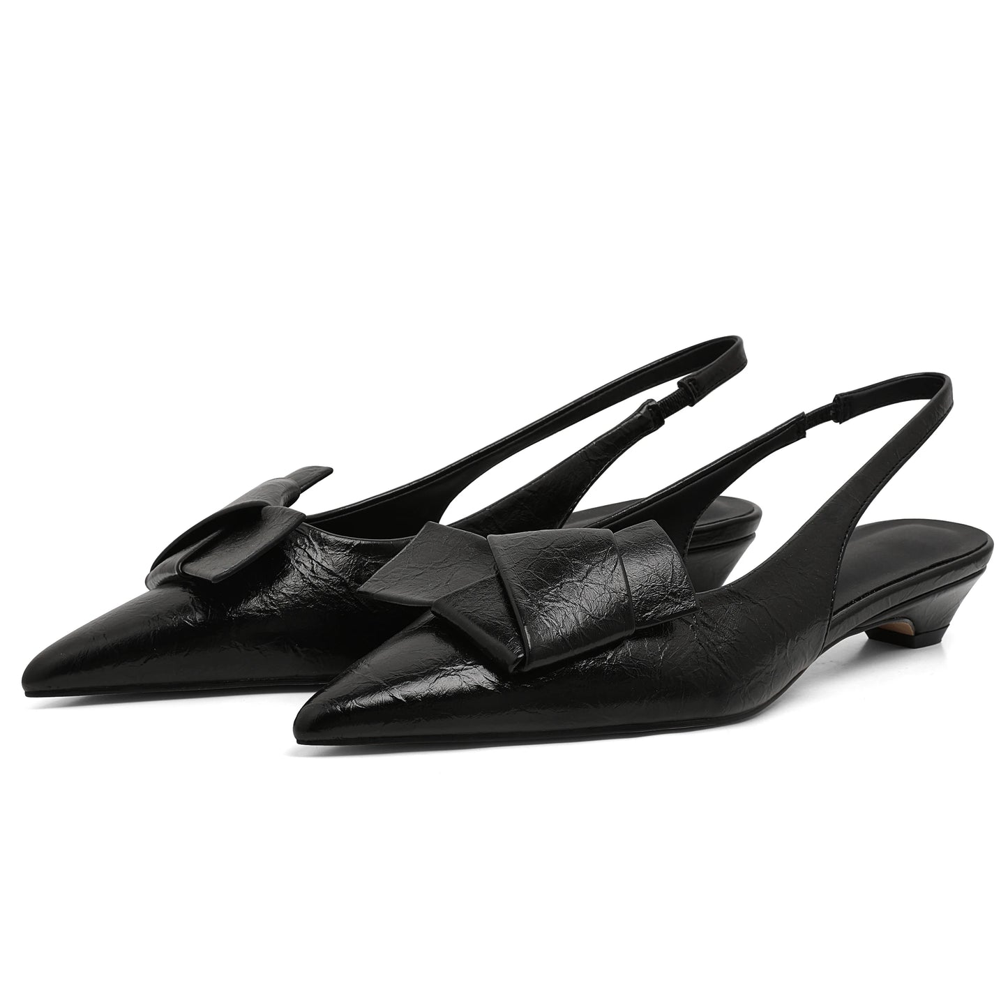 GIGIFOX Kitten Low Heels Bownkot Pointy Toe Leisure Sandals Pleated Slip-on Back Strap Flats Chic Office Ladies Shoes For Woman