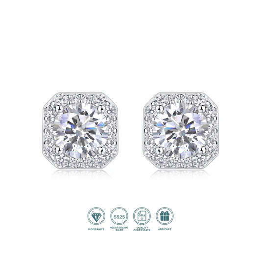 1 Carat Moissanite Earrings Octagon Halo Design 925 Sterling Silver 18K Gold Plated Gift Comes with GRA Certificate