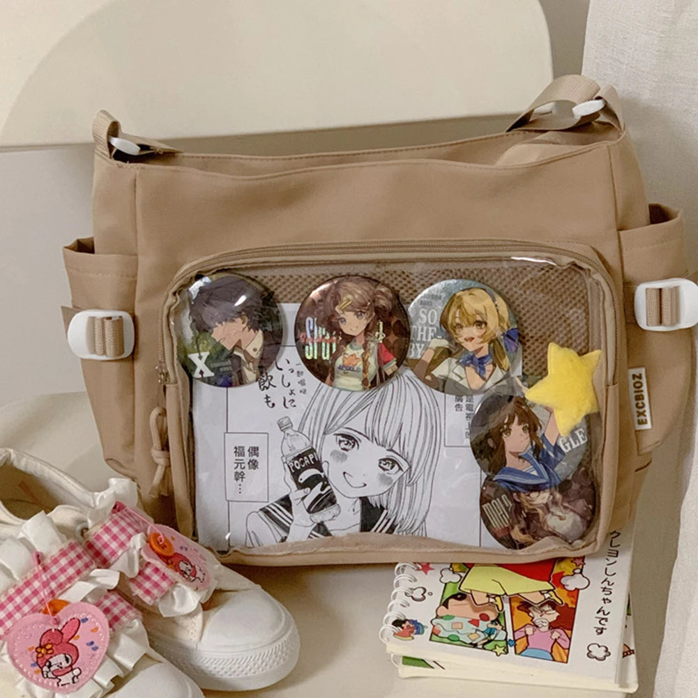 Women Ita Bag Japanese Style Shoulder Purse with Clear Window Teenagers School Bag Multi-pockets Adjustable Strap Chic Hobo Bag