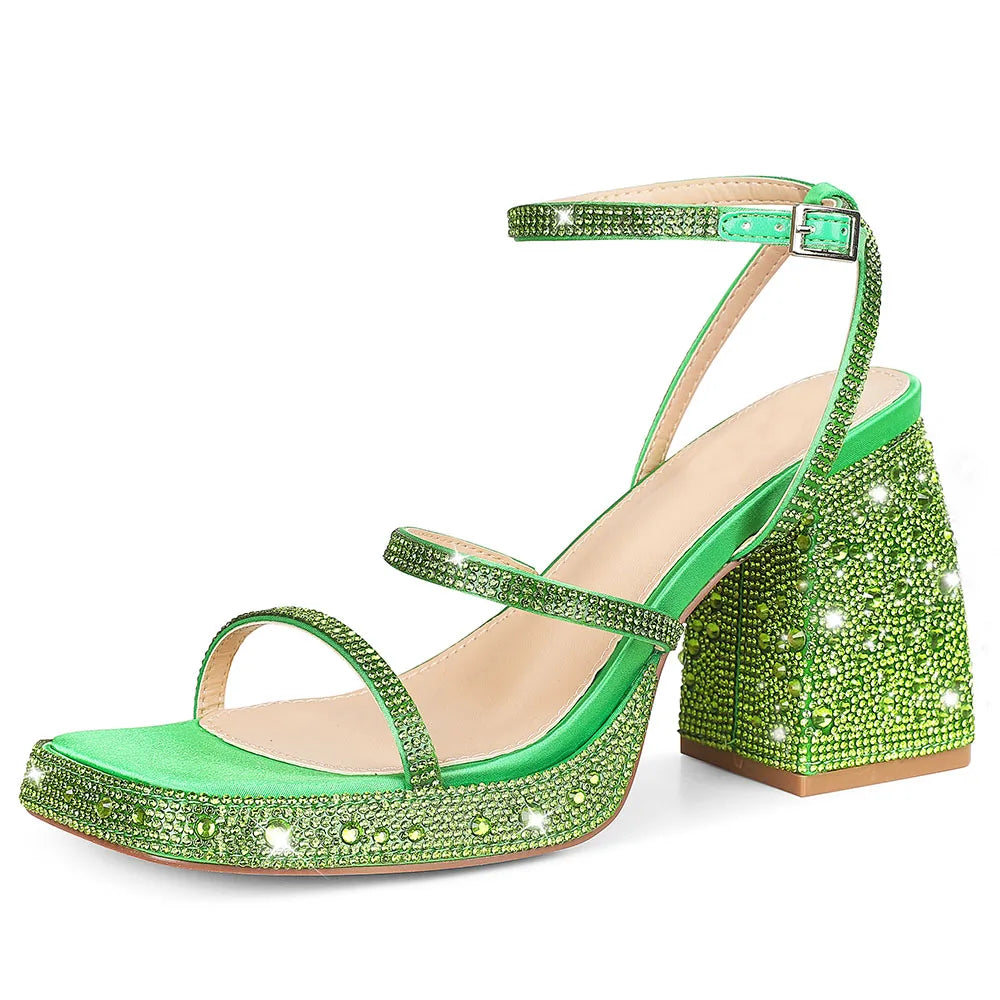 GIGIFOX Shiny Crystals Women Sandals Platform Chunky High Heel Ankle Strap Buckle Strap Shoes Sexy Elegant Dress Party Sandals