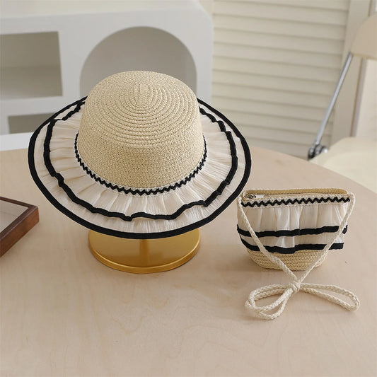Children s Girl Patchwork Wide Brim Straw Hat and Bag Set for Summer Beach Vacation - Adorable Sun Protection Accessories for