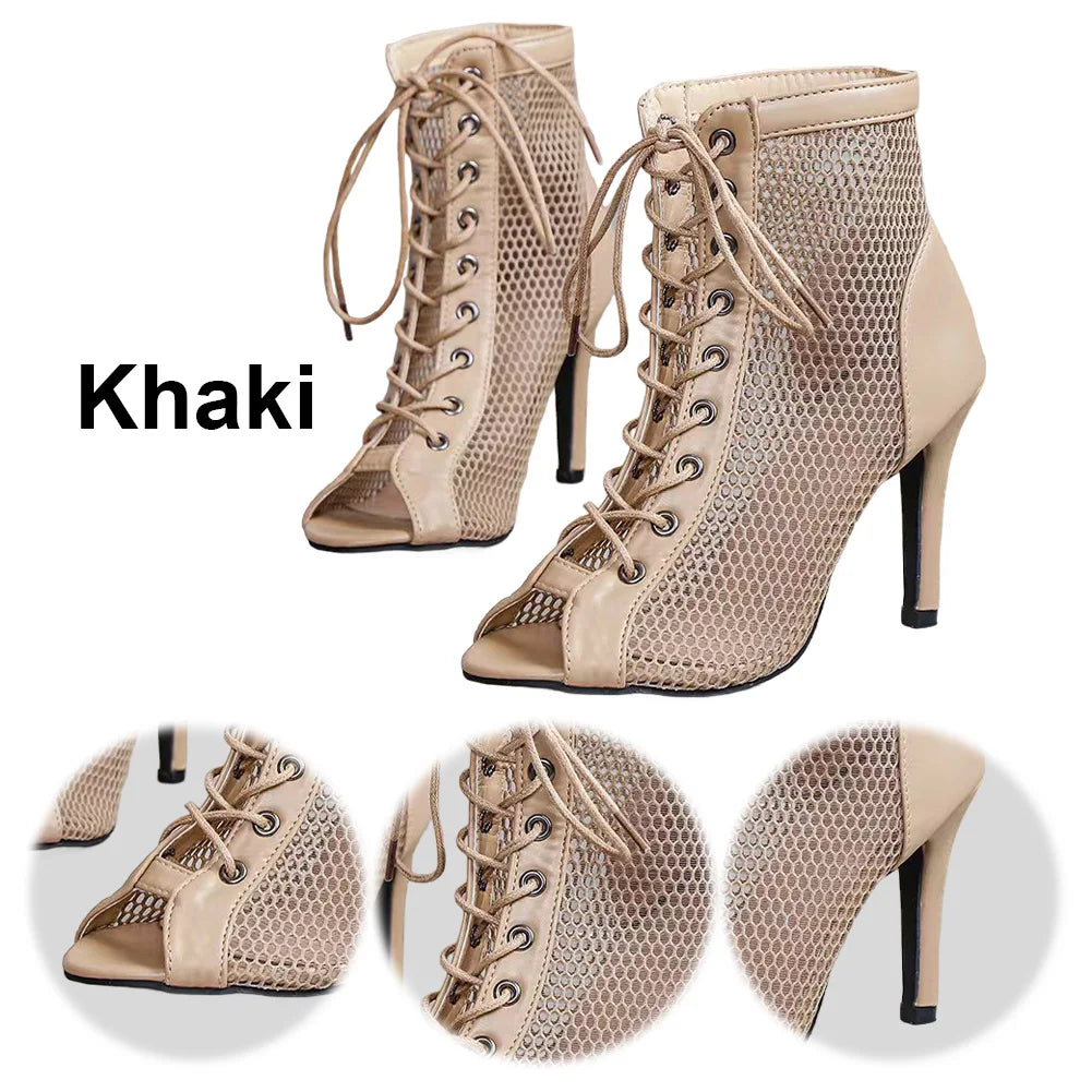 Women High Top Peep Toe Mesh Sandals with High Heel and Adjustable Laces for Summer Party and Dance